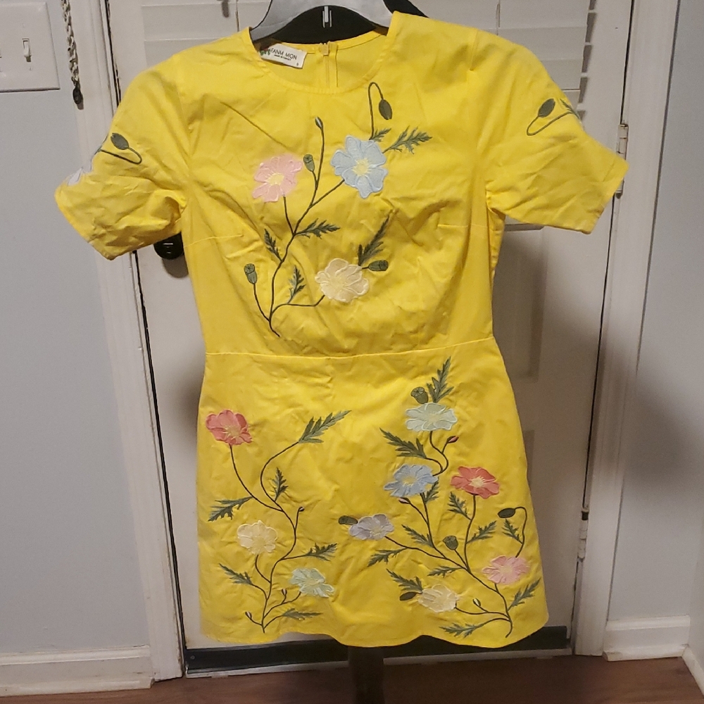 Fanm Mon Yellow Floral Embroidered Mini Dress